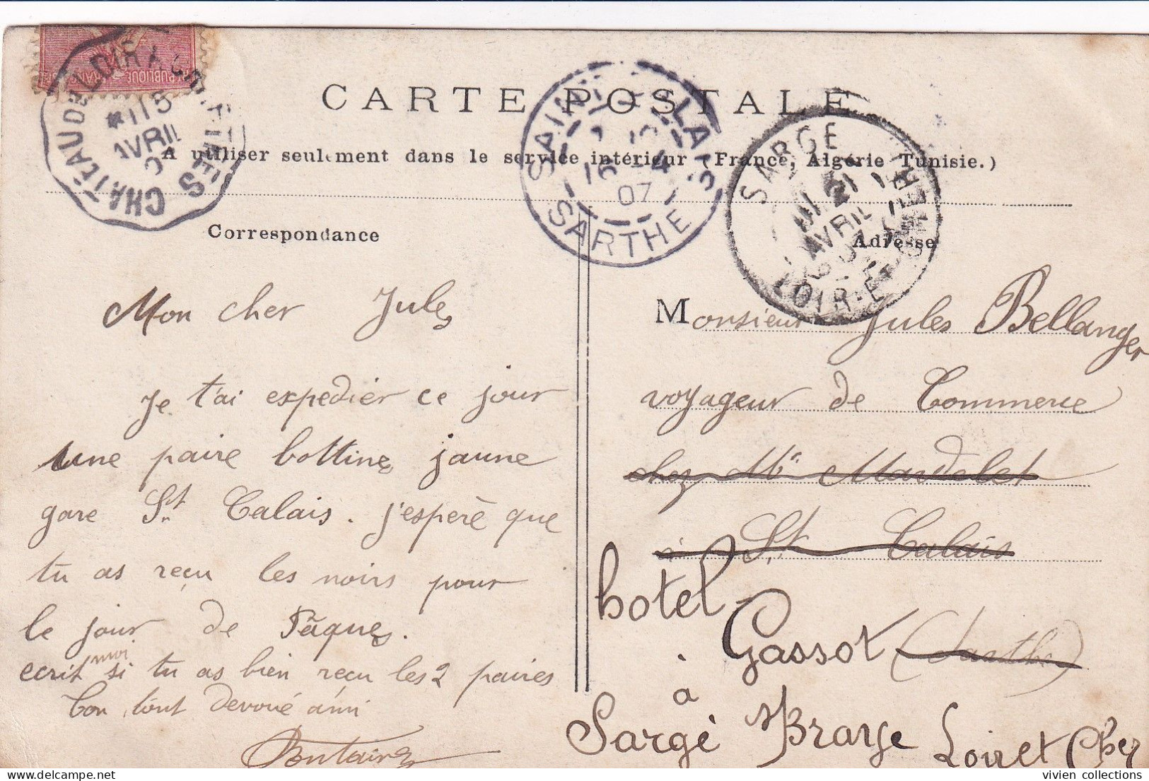 Sargé (41 Loir Et Cher) Maison Fontaine Brière épicerie Chaussures Sur Mesures Carte Commerciale Circulée 1907 - Autres & Non Classés