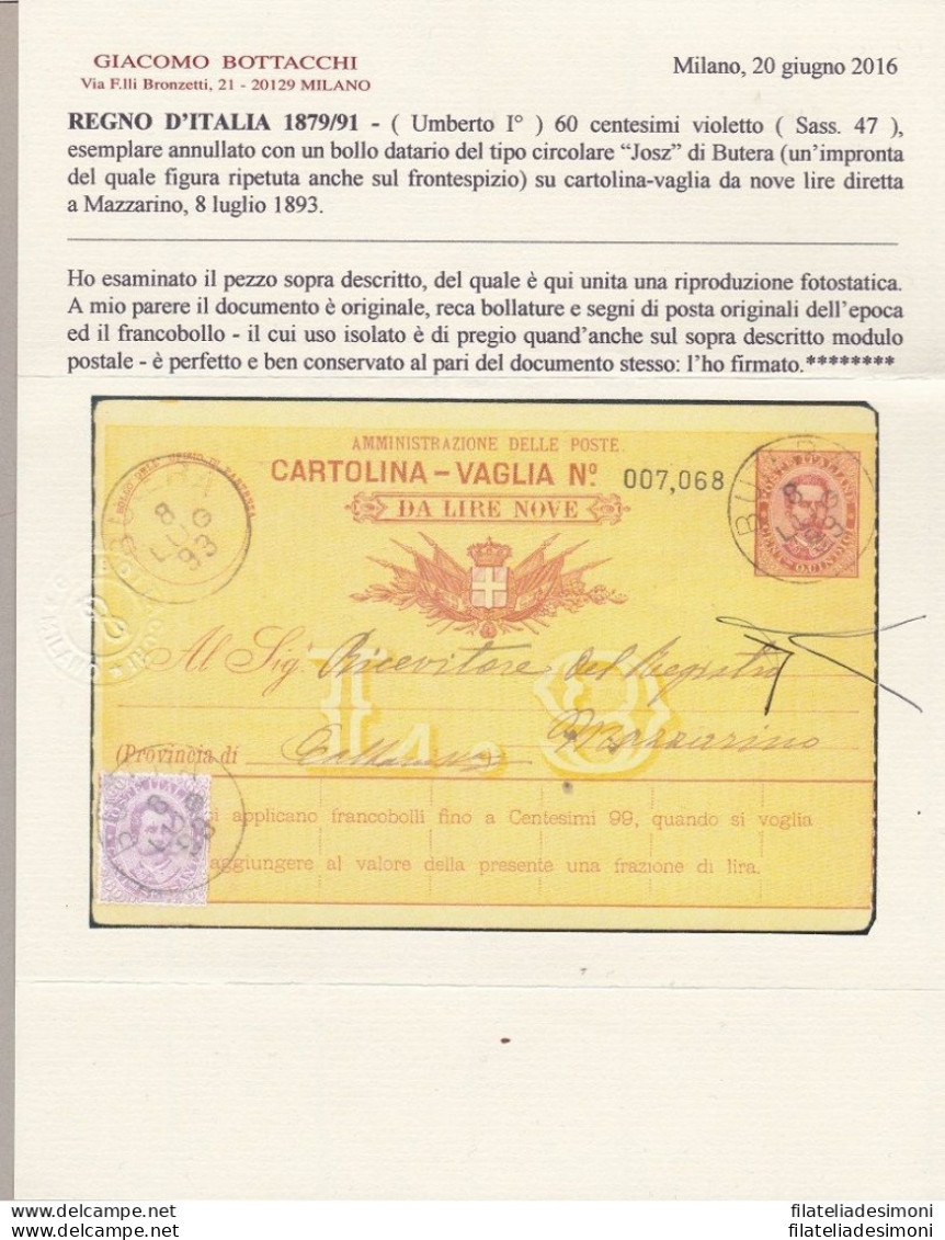 1889 Regno Di Italia, N. 47 60 Cent. Violetto Isolato Su Cartolina Vaglia RARA - Autres & Non Classés