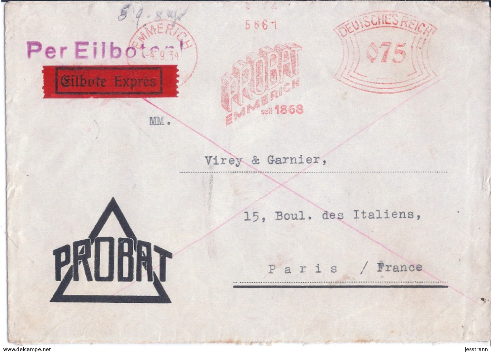 ALLEMAGNE- EMA- EXPRESS- MAISON PROBAT A EMMERICH- VERS PARIS- RECT/VERSO- 1934 - Franking Machines (EMA)