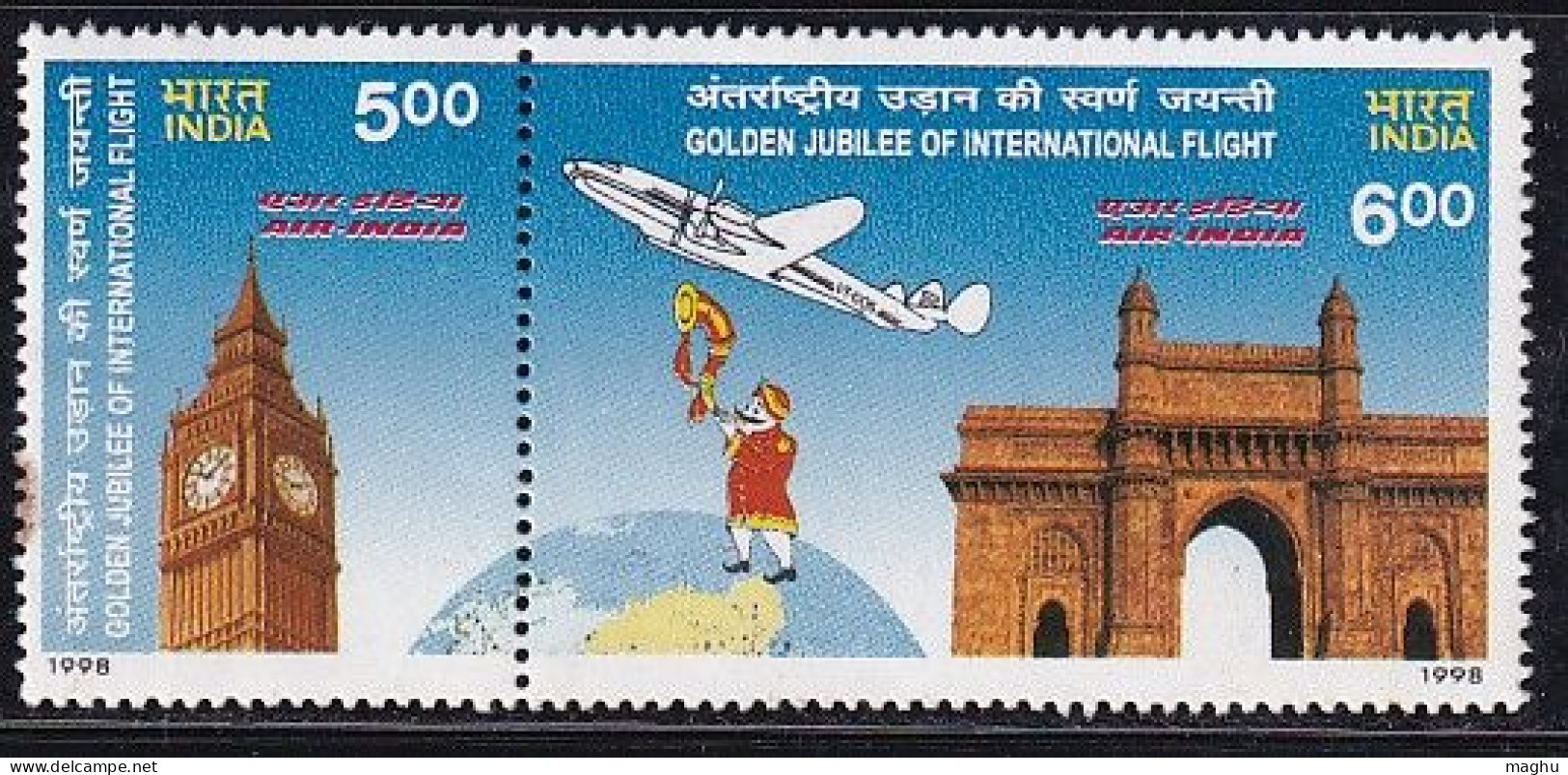 India MNH 1998, Golden Jubilee Air- India, Aeroplane , Aviation, Clock, Globe, Se-tenet Pair,  As Scan - Ongebruikt