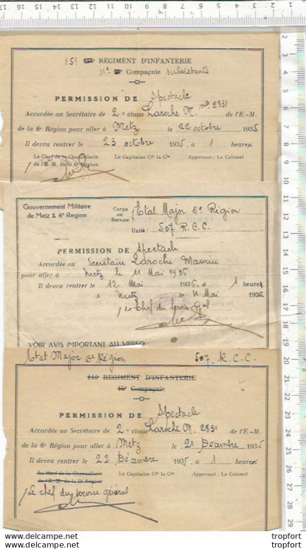 XE // Rare 3 Permissions De SPECTACLE //MILITARIA METZ 1936 // Gouvernement Militaire XE  //  Rare 3 Permissions De SPEC - Tickets - Vouchers