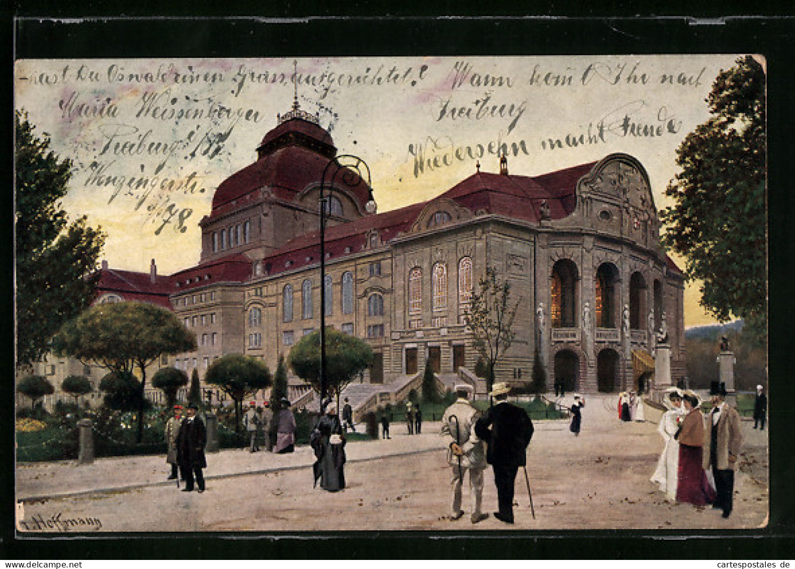 Künstler-AK Freiburg I. Br., Passanten Vor Dem Neuen Theater  - Theatre