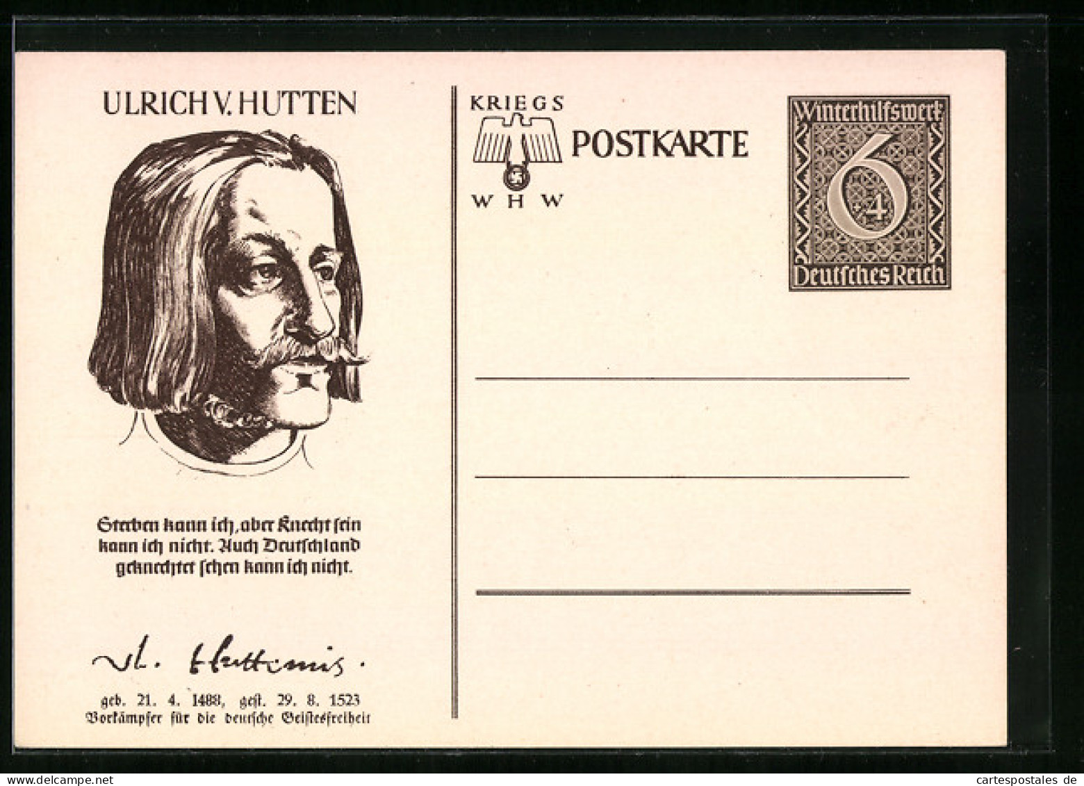 AK Ulrich V. Hutten, 1488-1523, , Sterben Kann Ich..., Ganzsache WHW Winterhilfswerk  - Postcards