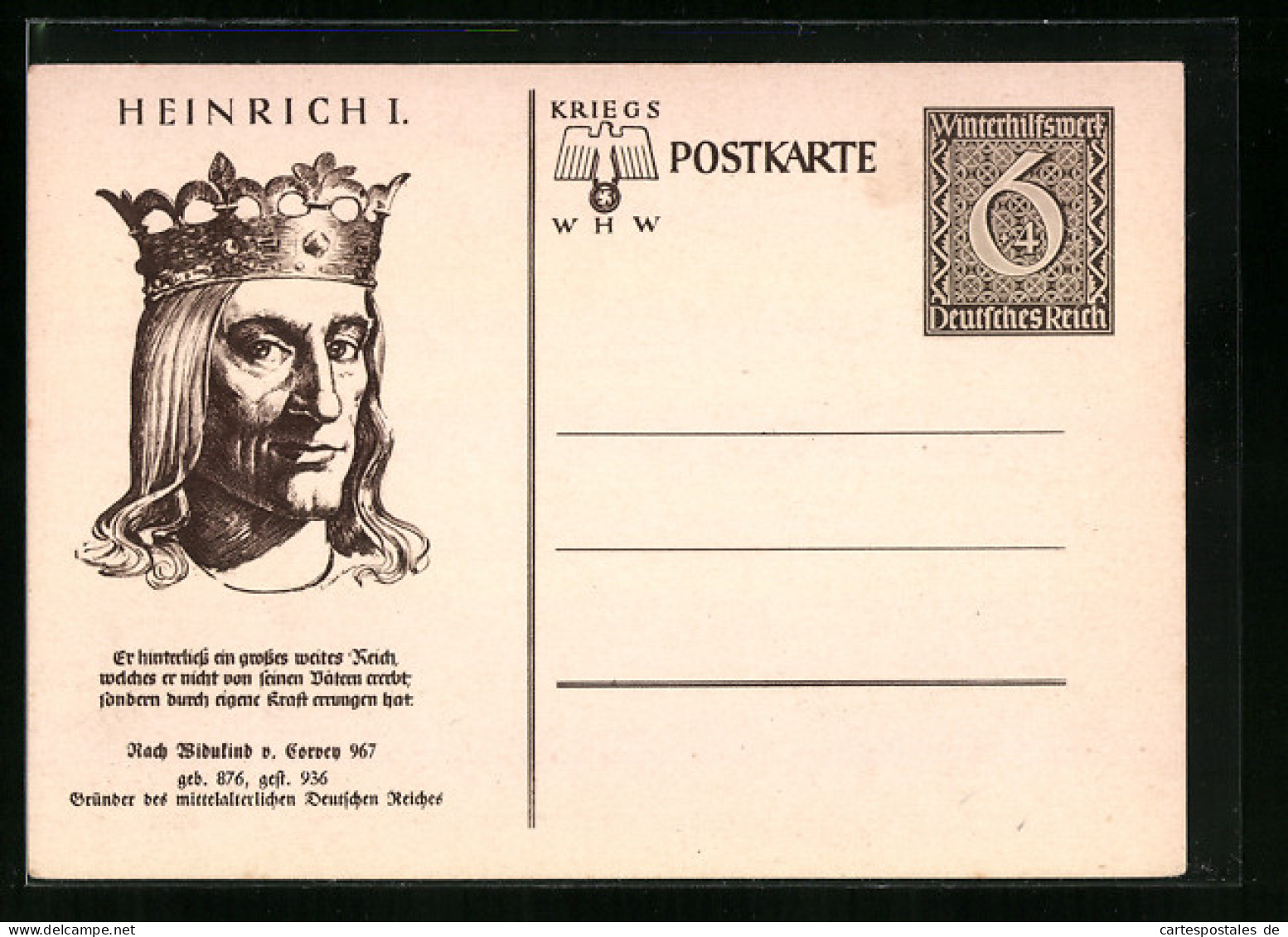 AK Heinrich I., Er Hinterliss Ein Grosses Wietes Reich..., , Ganzsache WHW Winterhilfswerk  - Postkarten