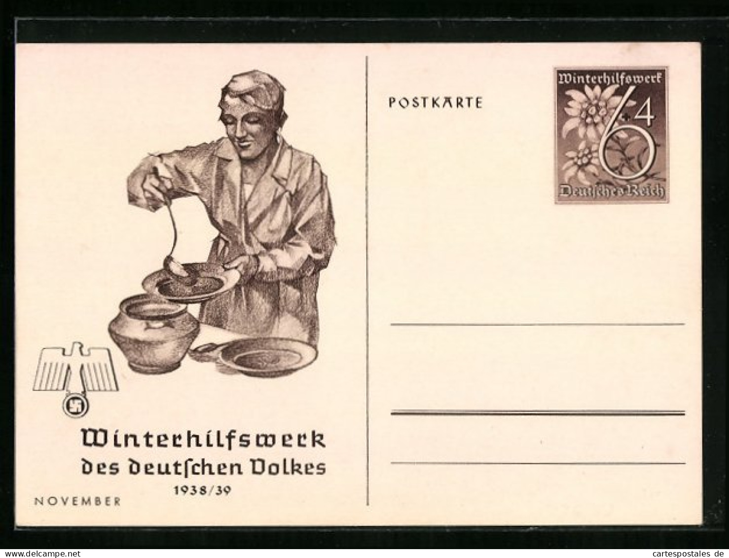 AK Frau Tut Suppe Auf, , Ganzsache WHW Winterhilfswerk 1938-39  - Postcards