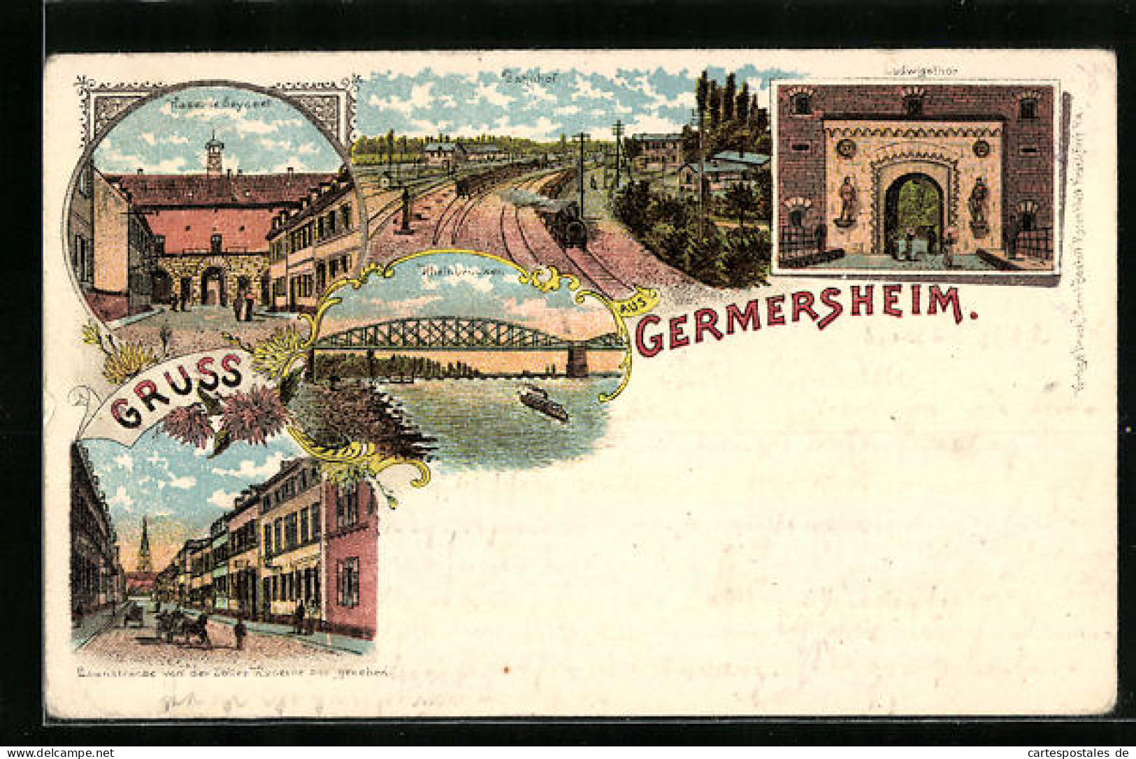 Lithographie Germersheim, Rheinbrücken, Kaserne Seyssel, Ludwigstor  - Germersheim
