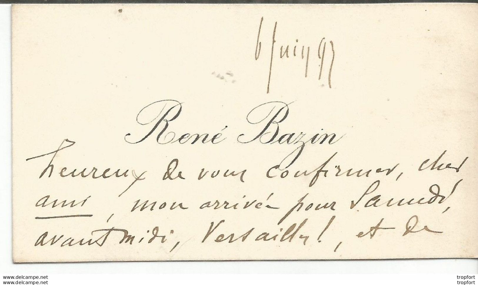 PP / BAZIN Business Card Rare CARTE De VISITE René BAZIN 1893 - Visiting Cards