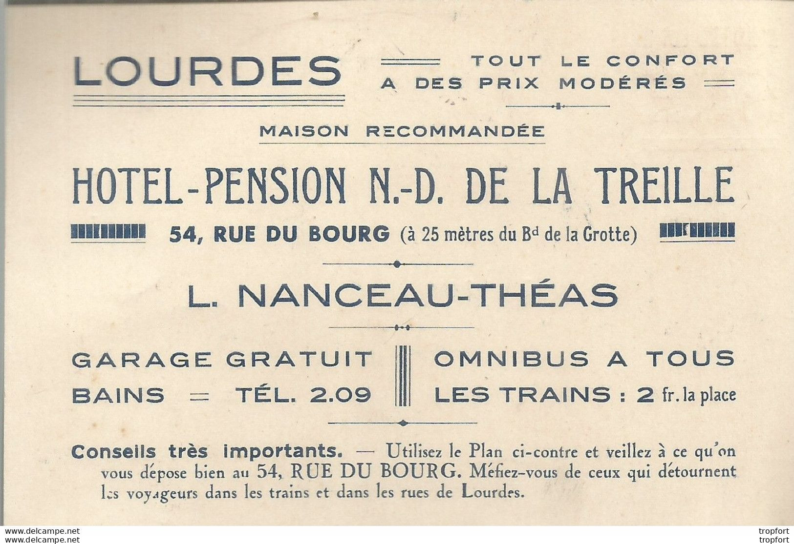 PY / Carte De Visite CDV Ancienne Publicitaire PUB HOTEL LOURDES N-D De La TREILLE Rue Du Bourg - Visitekaartjes