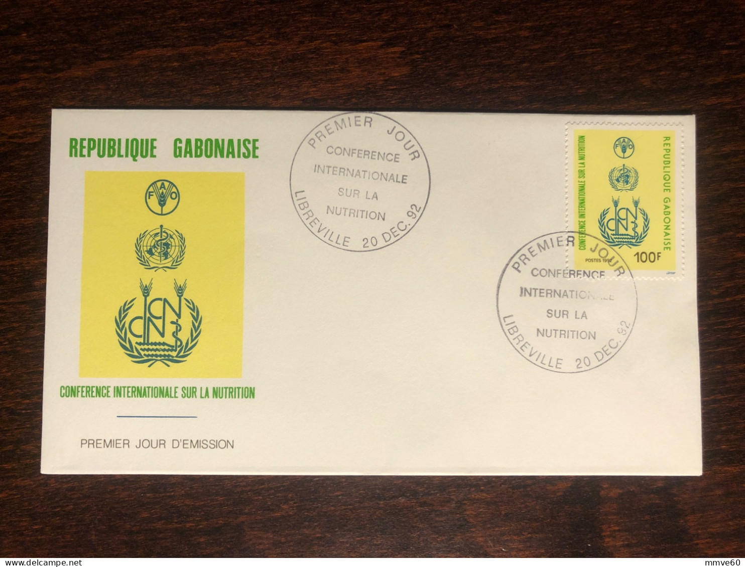 GABON FDC COVER 1992 YEAR WHO FAO NUTRITIONS HEALTH MEDICINE STAMPS - Gabon