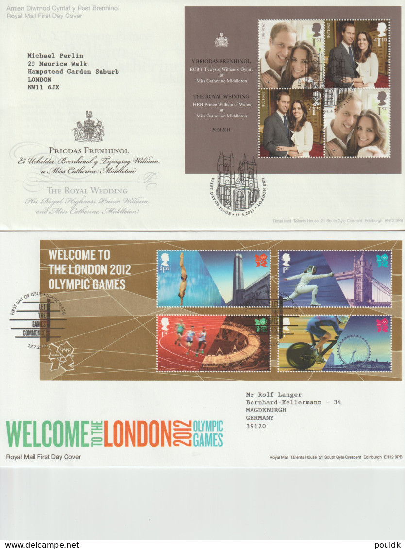 Great Britain: 10 FDC Franked W/souvenir Sheets Or Booklet Panes. Postal Weight Approx 200 Gramms. Please Read - Blokken & Velletjes