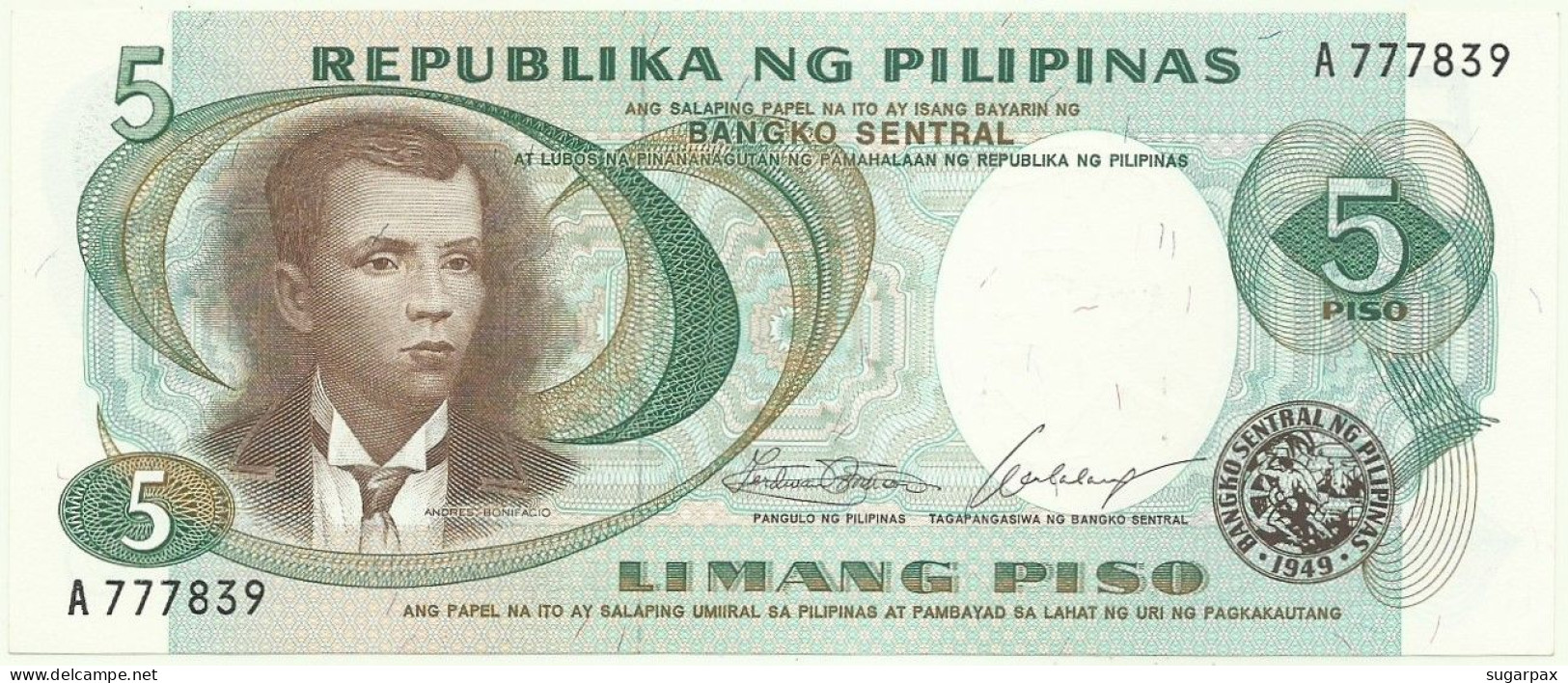 Philippines - 5 Piso - ND ( 1969 ) - Pick 143.a - Unc. - Sign. 7 - Serie A - Philippinen