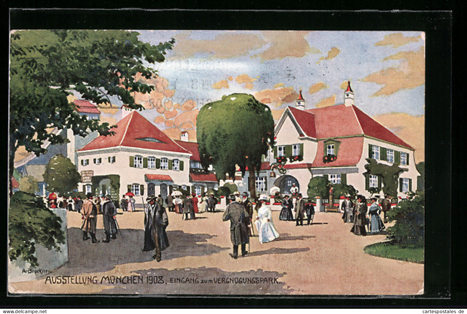 Künstler-AK München, Ausstellung 1908, Eingang Zum Vergnügungspark, Ganzsache Bayern  - Tarjetas