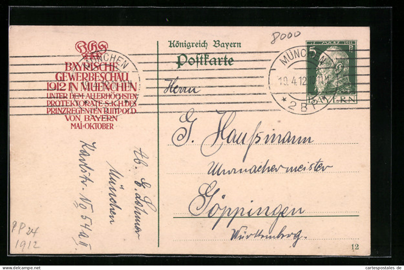 AK München, Bayrische Gewerbeschau 1912, Schriftzug Mit Krone, Ganzsache Bayern  - Exhibitions