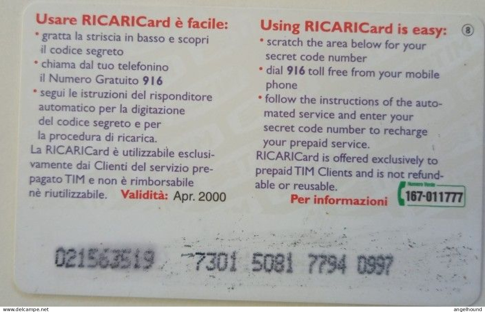 Italy Ricari Card - [2] Sim Cards, Prepaid & Refills