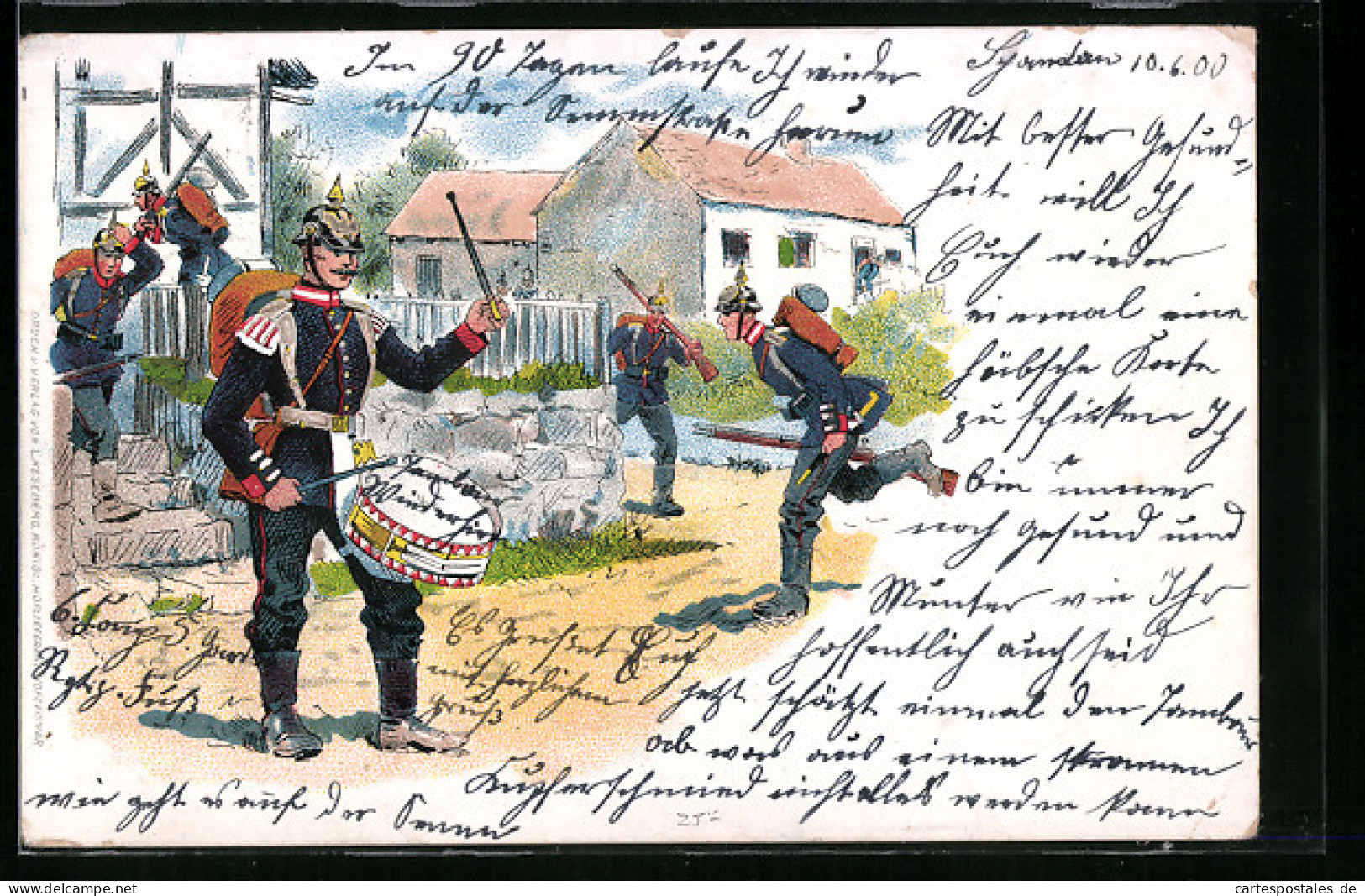 Lithographie Soldaten Durchsuchen Häuser, Trommler Signalisiert Sammeln  - War 1914-18