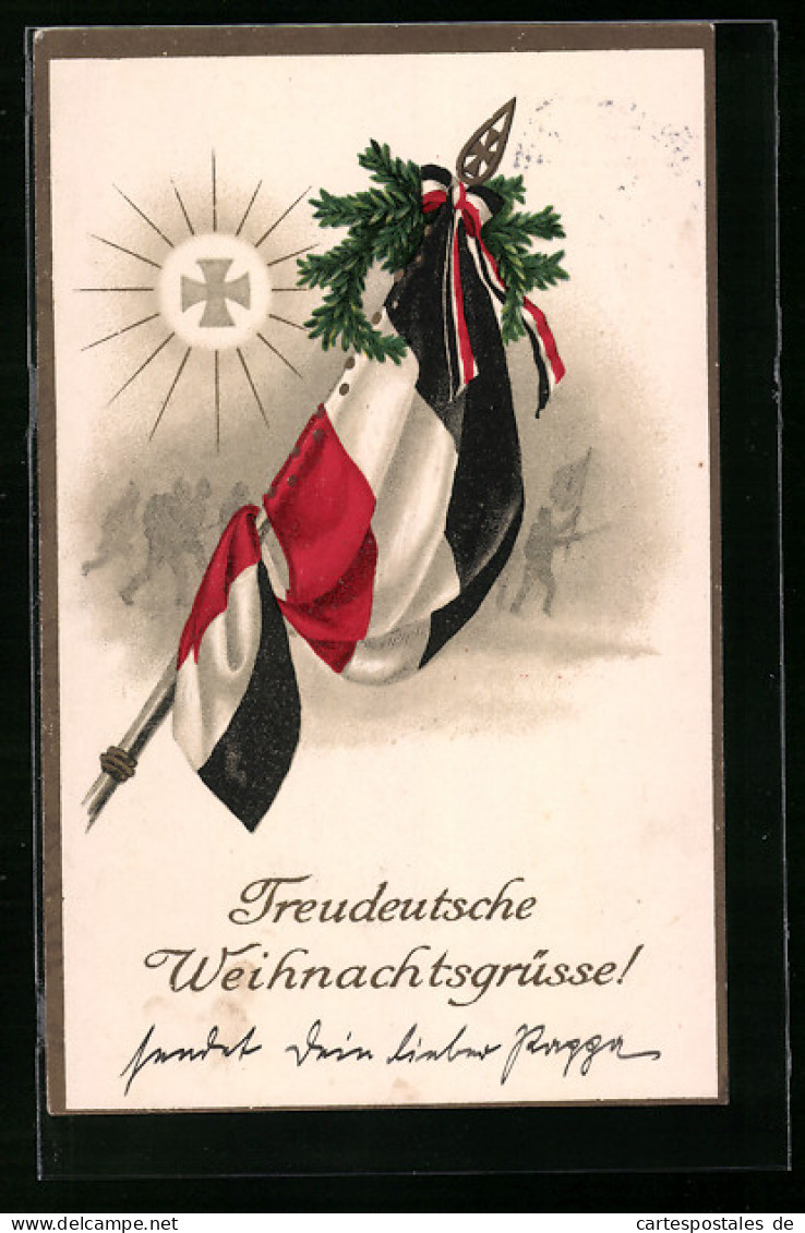 AK Fahne Mit Zweigen Und Fahnenband, Im Hintergrund Soldaten, Weihnachtsgruss  - War 1914-18