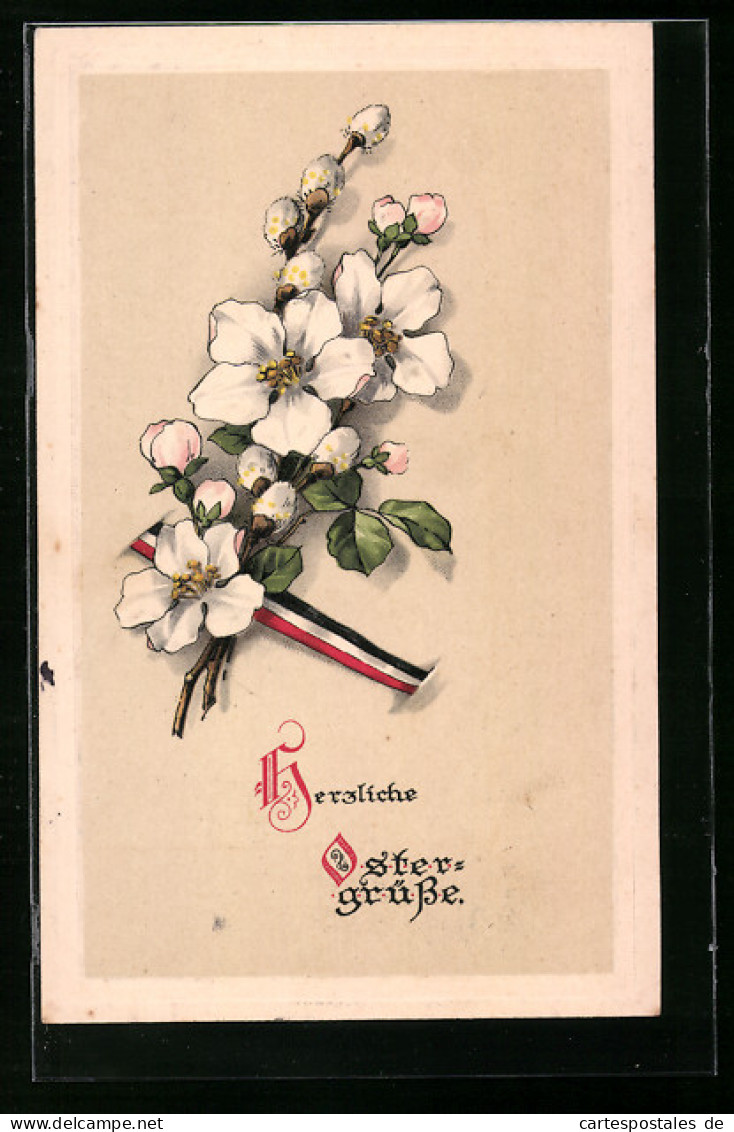 Präge-AK Kätzchenzweig Mit Blüten Und Fahnenband, Ostergruss  - War 1914-18