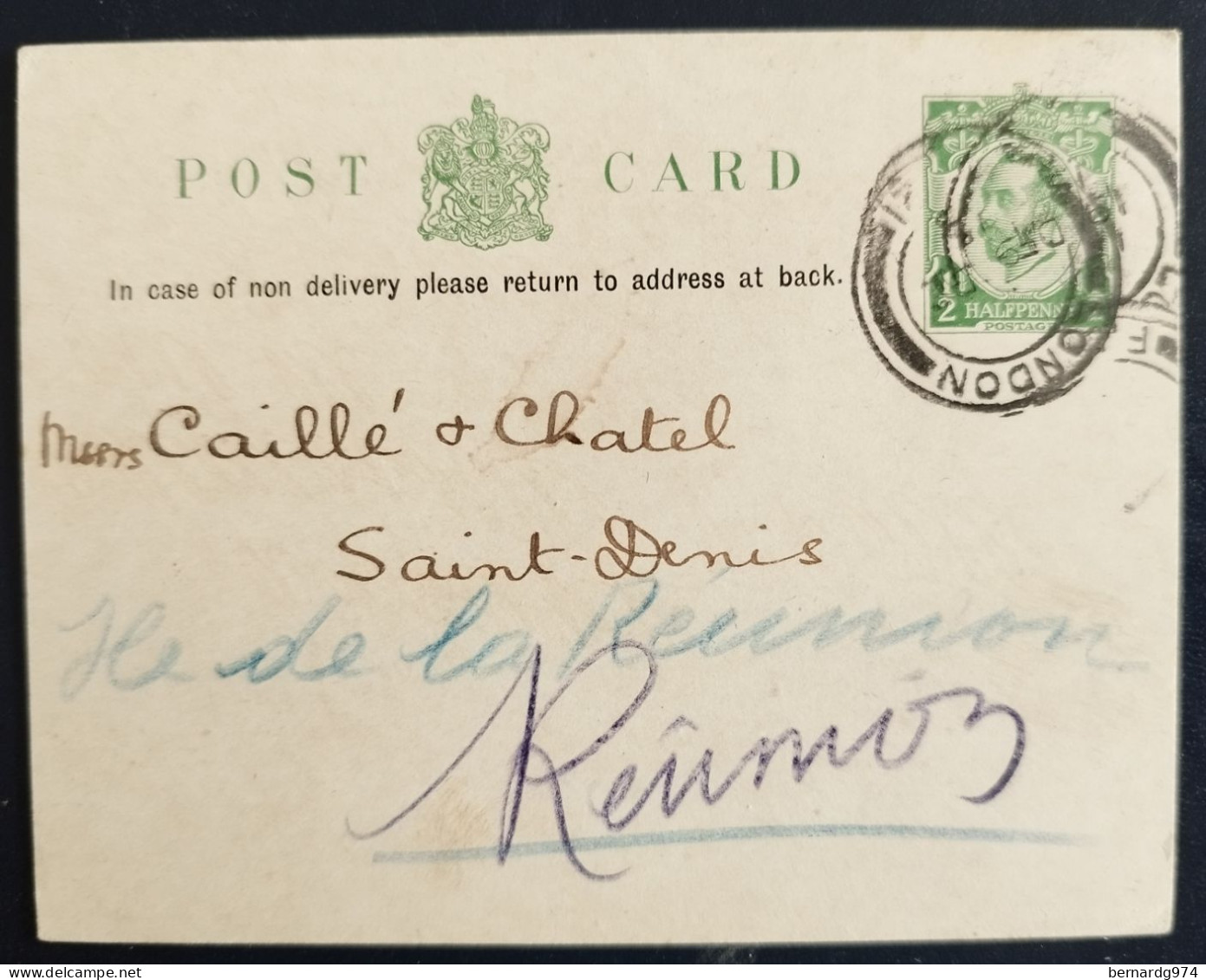 Réunion Et Angleterre : Entier Postal Anglais Adressé à Messieurs Caillé Et Chatel (1915) - Altri & Non Classificati