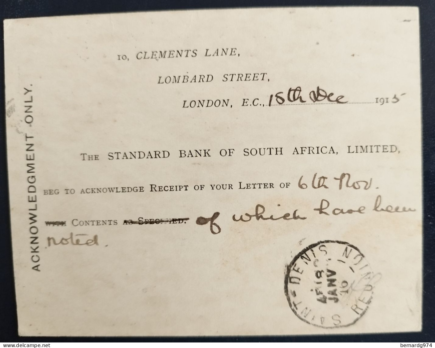 Réunion Et Angleterre : Entier Postal Anglais Adressé à Messieurs Caillé Et Chatel (1915) - Other & Unclassified