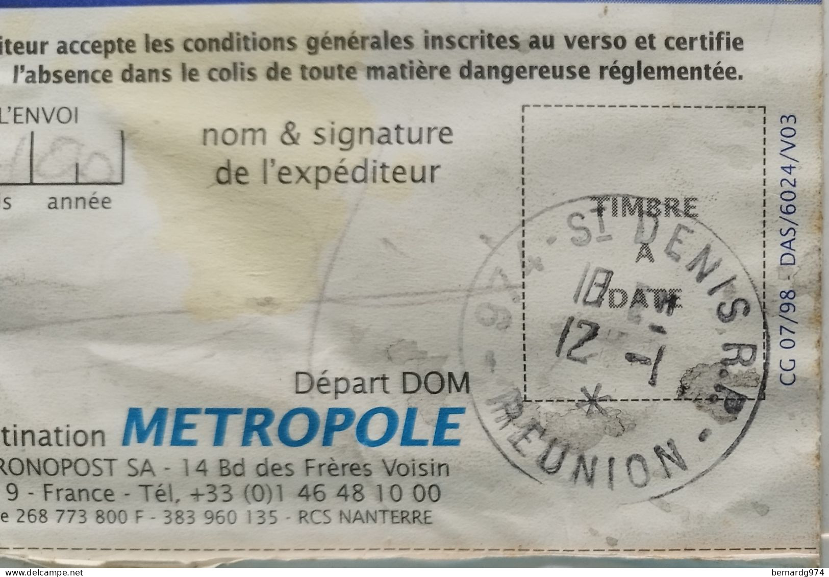 Réunion : Enveloppe Chronopost Avec Le Millésime Omis (2000) - Brieven En Documenten