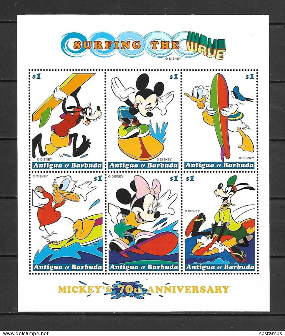 Disney Antigua & Barbuda 1999  70th Ann - Surfing The Wave Sheetlet MNH - Disney