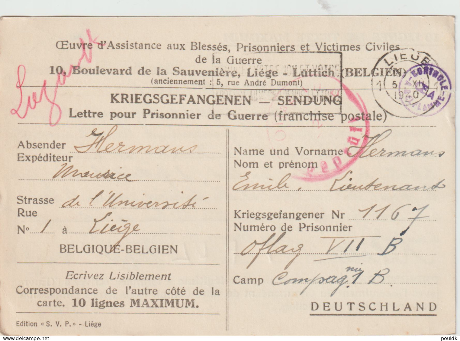 To A Belgian Prisoner Of War In Germany, Stalag VII B In Memmingen Posted Liege 5.12.1940 - Censored. Postal Weight - Militaria