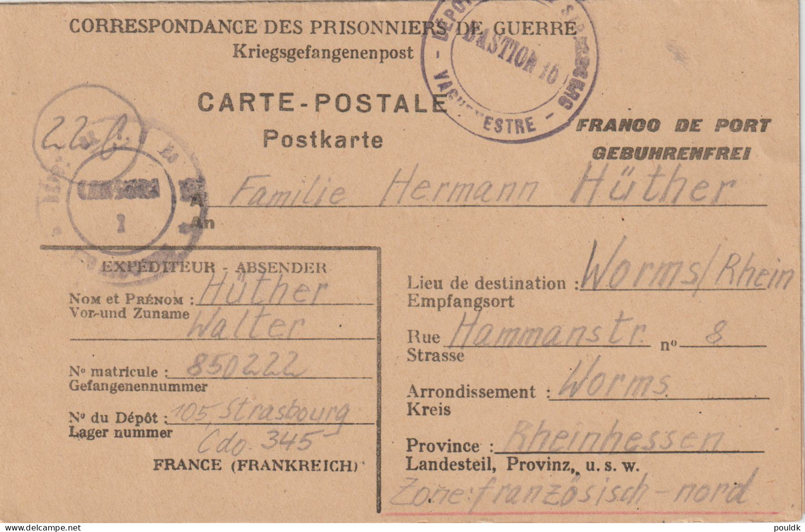German Prisoner Of War Card W/reply Card From France, Depot PG 105 (Cdo 345) In Strasbourg Signed 14.9.1947 - Cen - Militaria