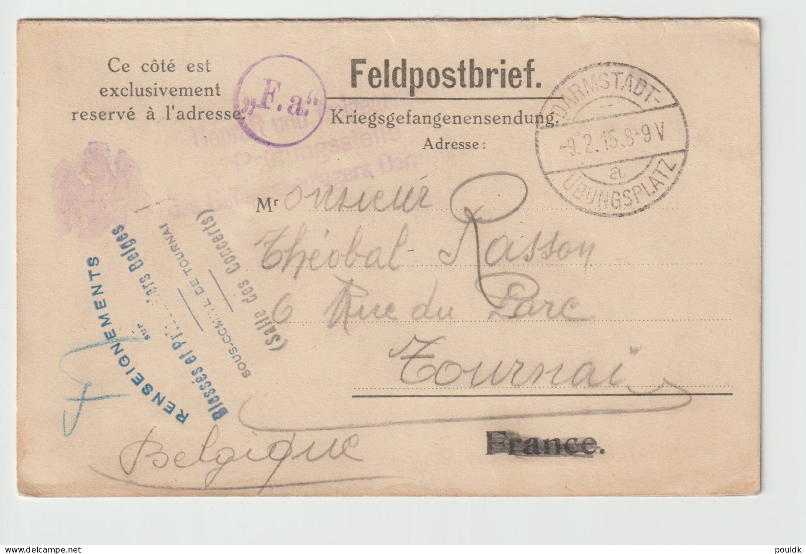 Belgian Prisoner Of War Card From Germany, Gefangenenlager Darmstadt Posted Darmstadt Übungsplatz 9.2.1915 - Militaria