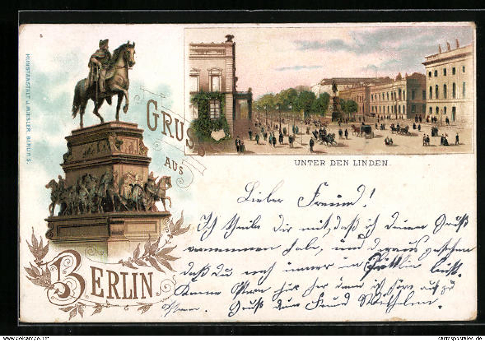 Lithographie Berlin, Unter Den Linden, Denkmal  - Mitte
