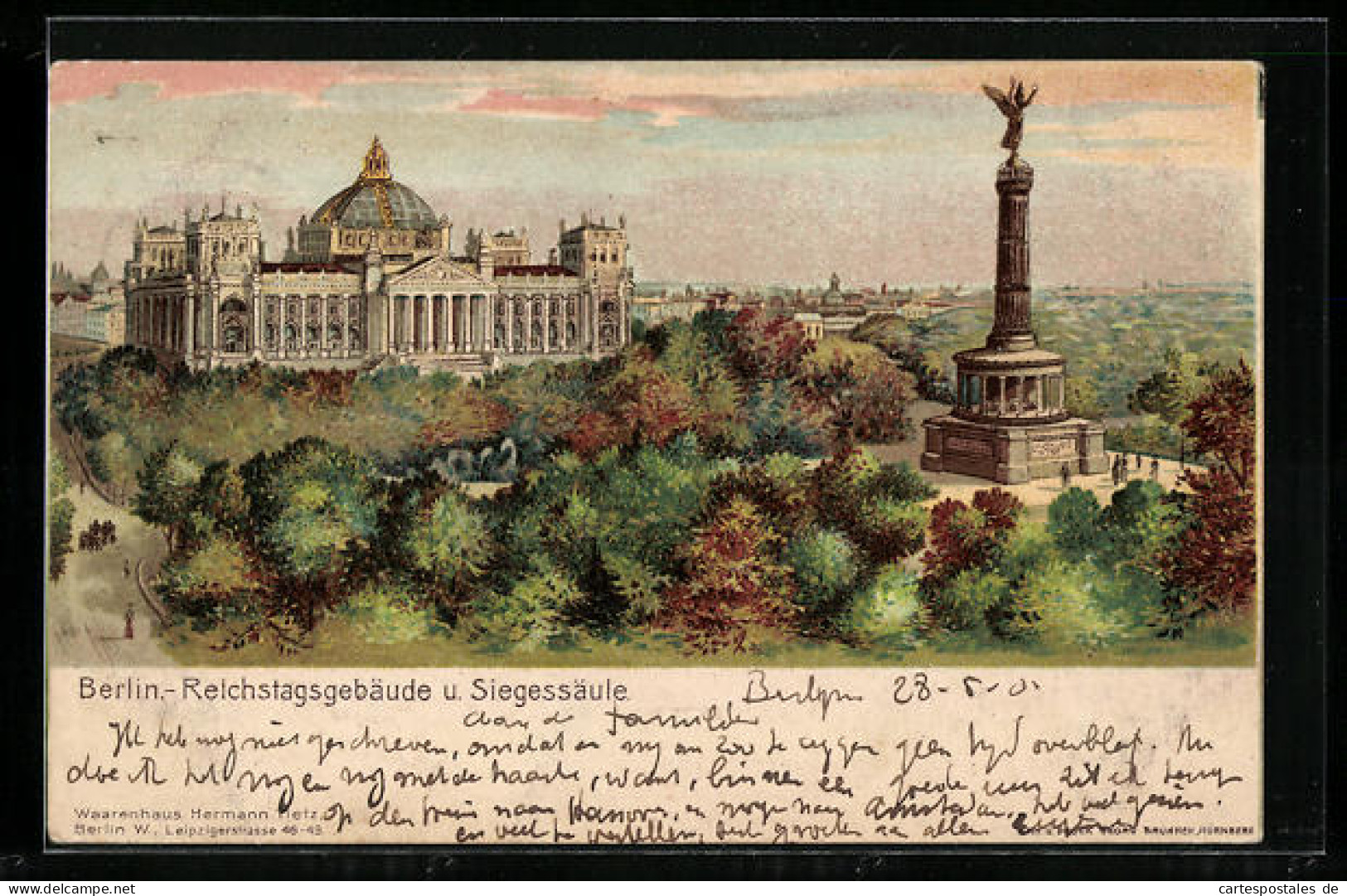 Lithographie Berlin, Reichstagsgebäude Und Siegessäule  - Tiergarten