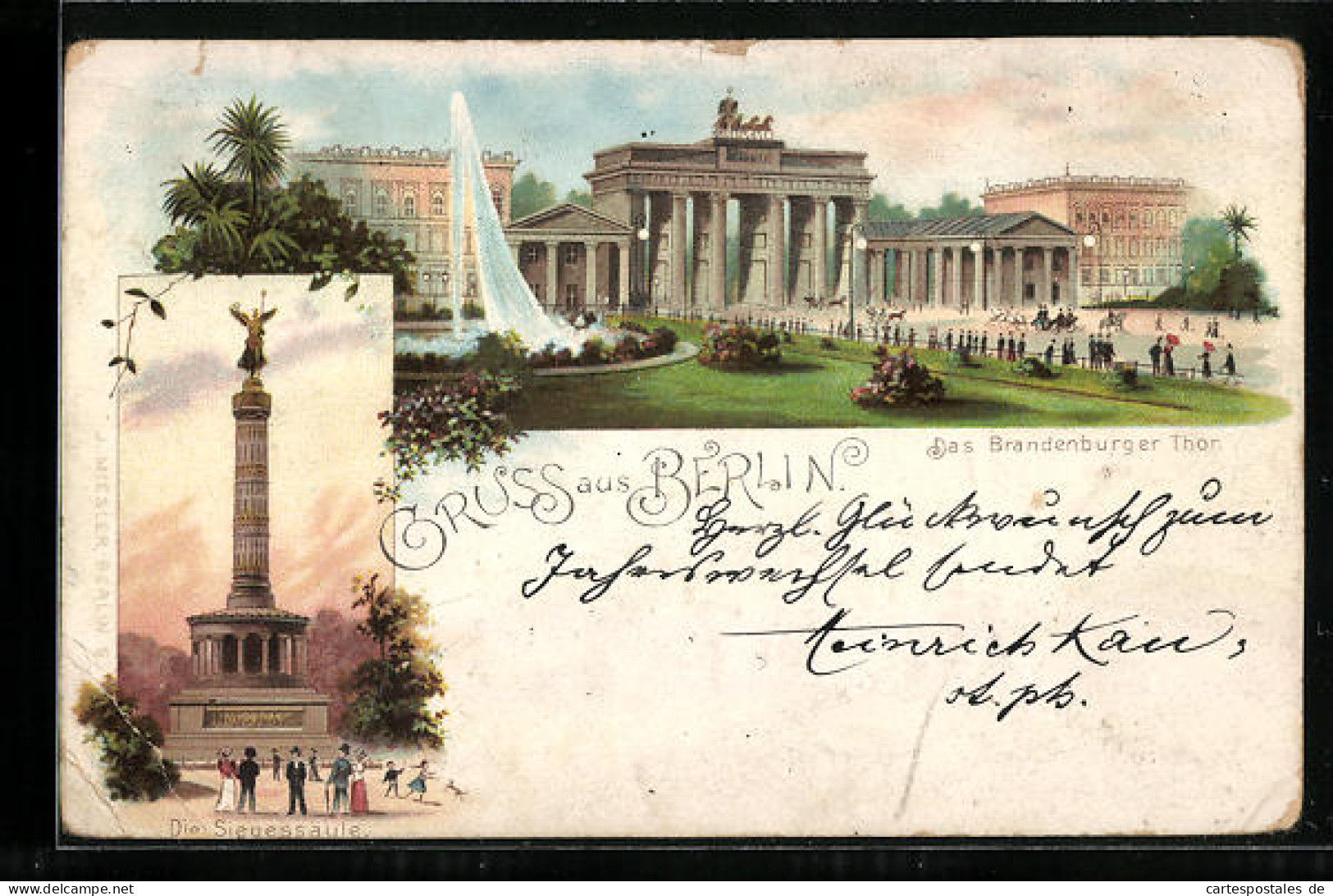 Vorläufer-Lithographie Berlin, 1895, Das Brandenburger Tor, Pariser Platz, Siegessäule  - Brandenburger Tor