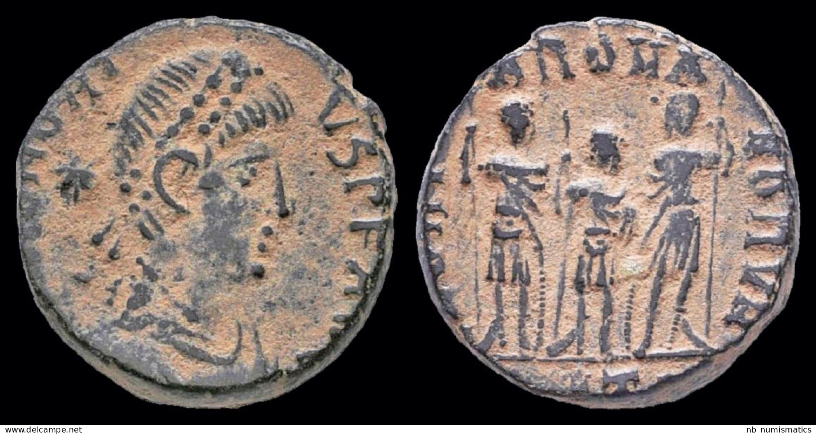Honorius AE3 Three Emperors Staning Facing - El Bajo Imperio Romano (363 / 476)