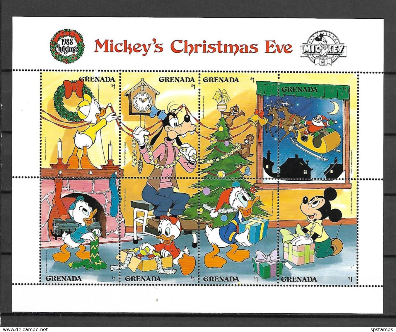 Disney Grenada 1988 Mickey's Christmas Eve Sheetlet MNH - Disney