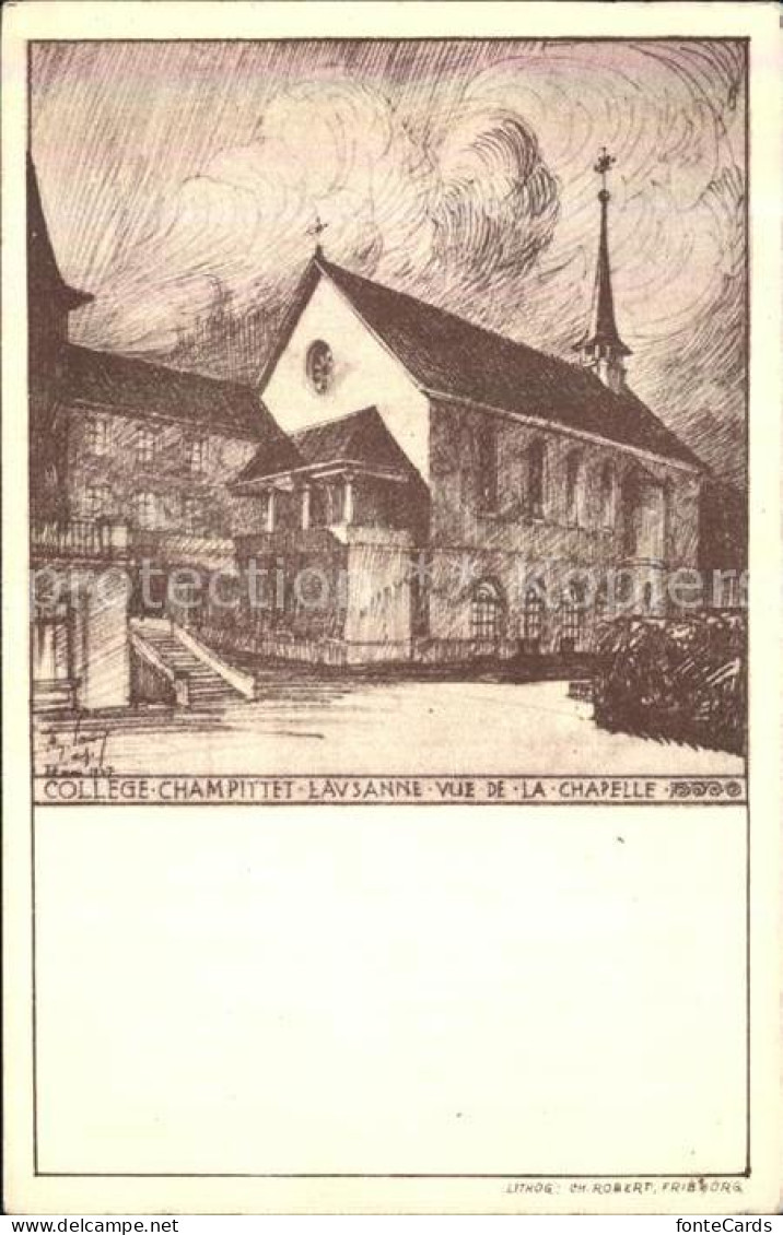 12584115 Lausanne VD College Champittet Vue De La Chapelle Dessin Kuenstlerkarte - Sonstige & Ohne Zuordnung