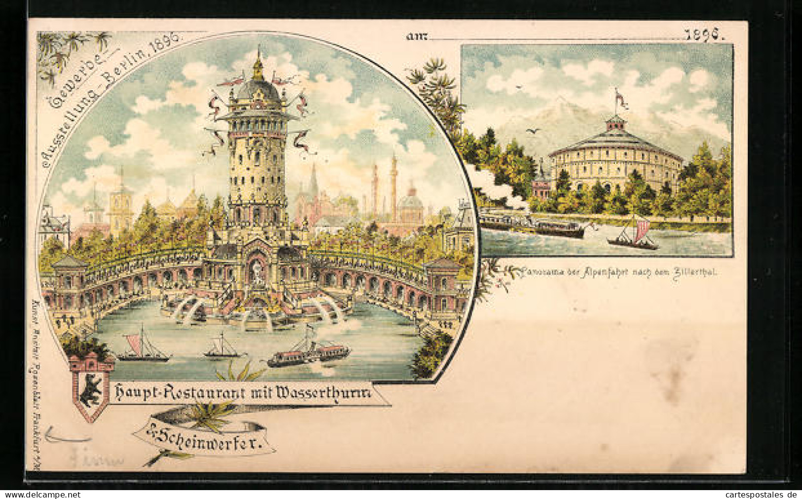 Lithographie Berlin, Gewerbe-Ausstellung 1896, Hauptrestaurant Mit Wasserturm, Alpenfahrt  - Tentoonstellingen