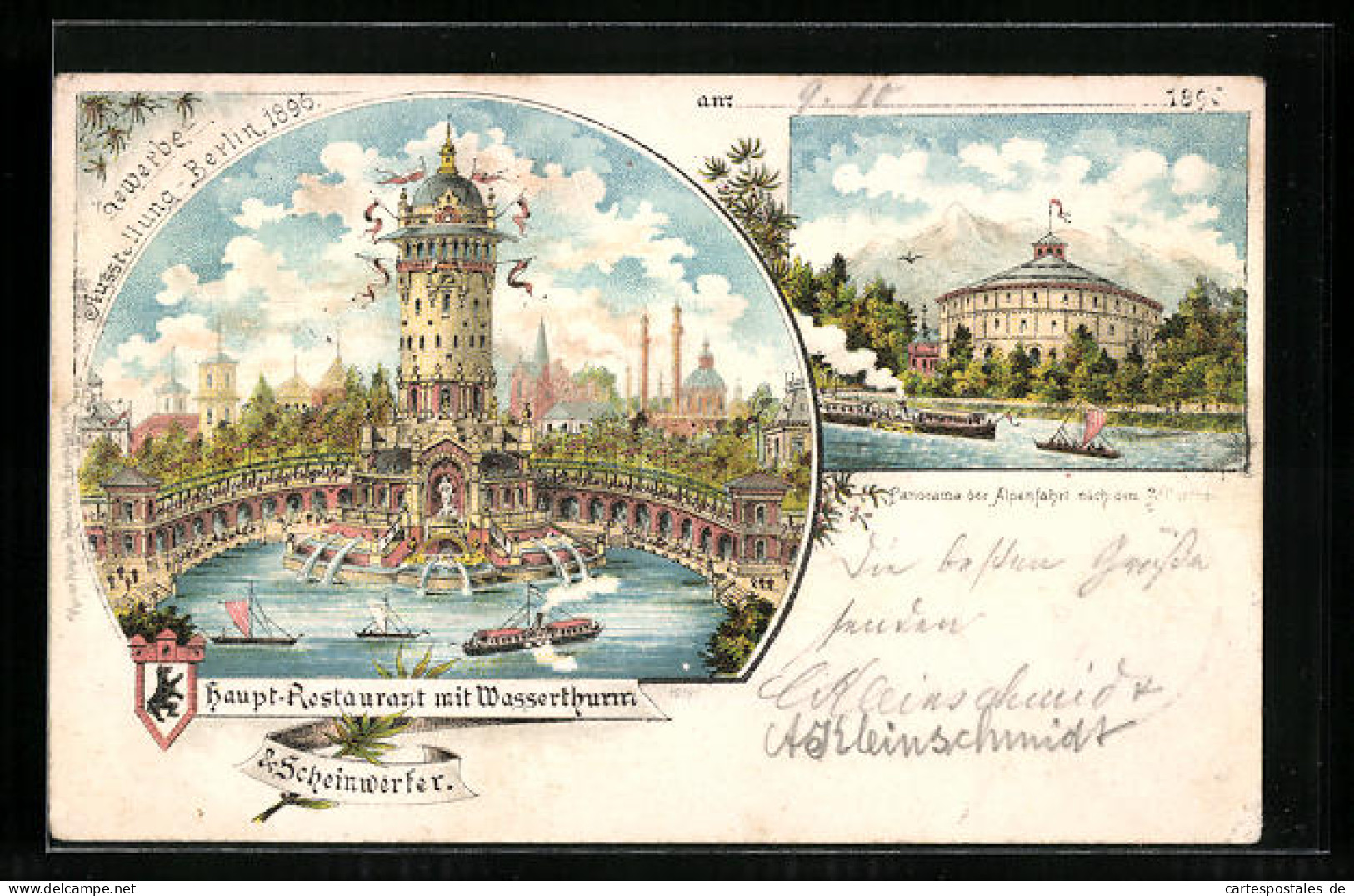 Lithographie Berlin, Gewerbe-Ausstellung 1896, Hauptrestaurant Mit Wasserturm, Alpenfahrt  - Expositions