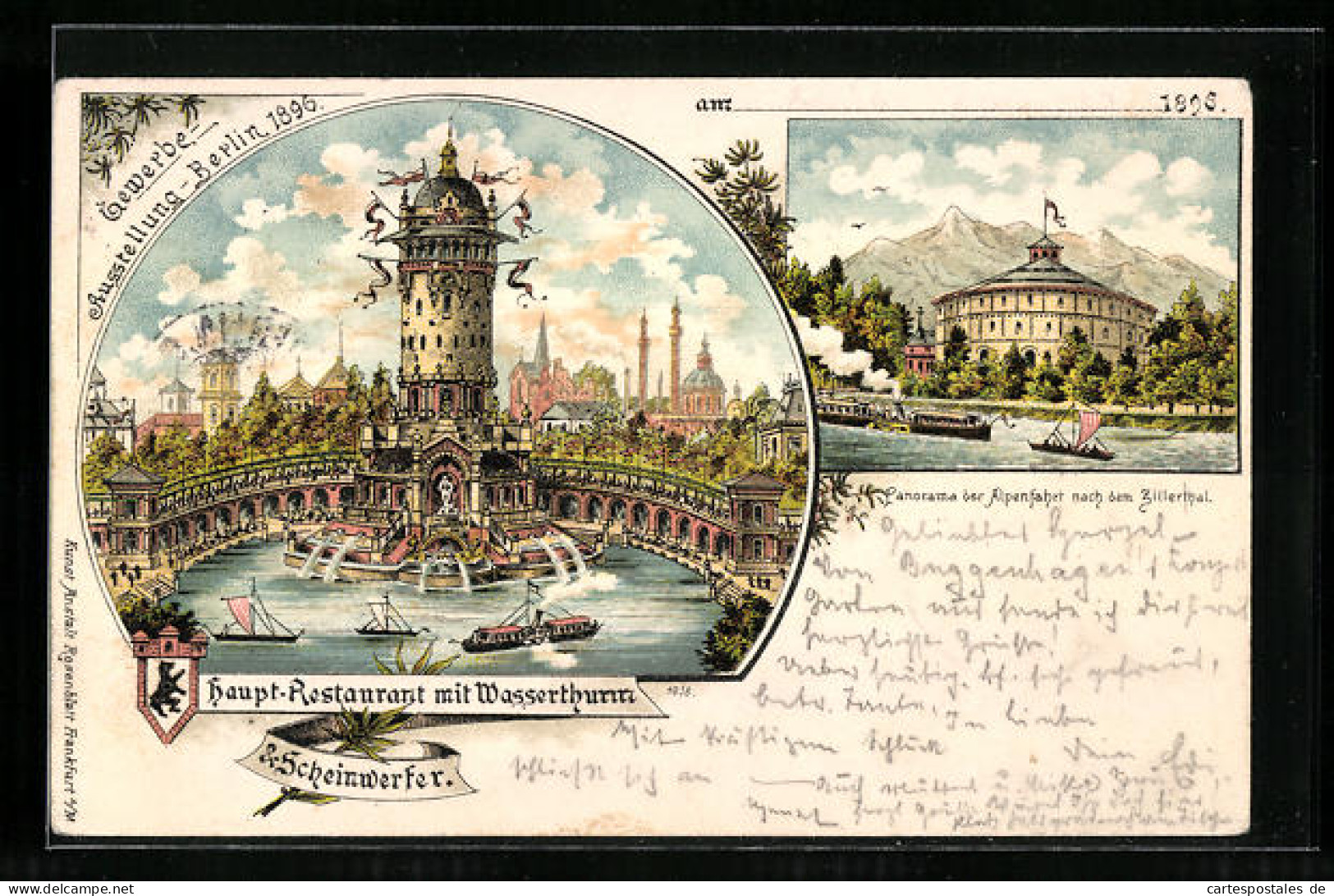 Lithographie Berlin, Gewerbe-Ausstellung 1896, Rundbau Haupt-Restaurant Mit Wasserturm & Scheinwerfer  - Expositions