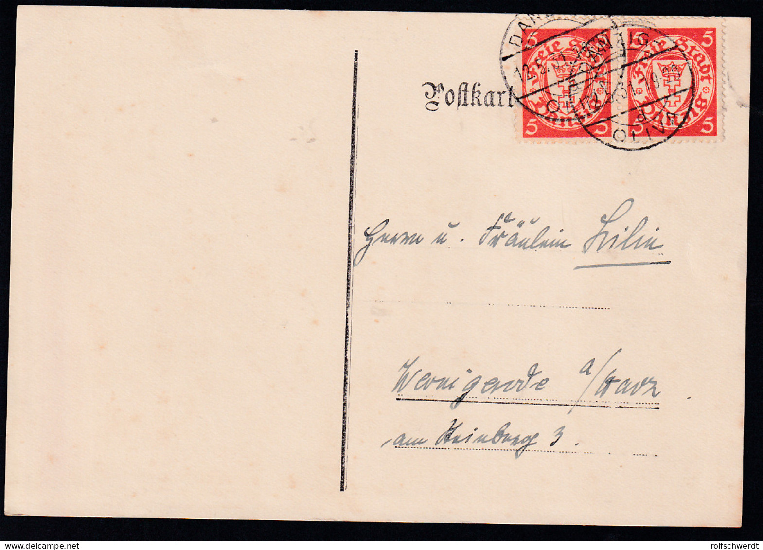 Wappen 5 Pfg. Waager. Paar Auf Postkarte Ab Danzig-Oliva 12.5.31 Nach Wernigerode A/Harz  - Autres & Non Classés