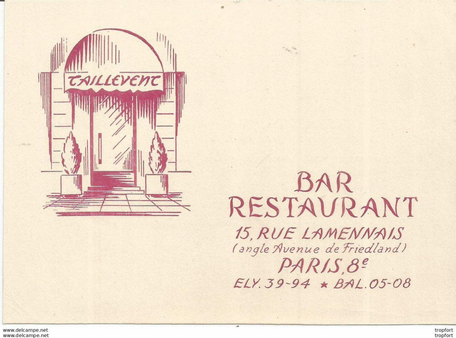 PP / Advertising Business Card Carte De VISITE Publicitaire PUB BAR Restaurant PARIS TAILLEVERNE Paul VIALAR Dédicace - Visitenkarten