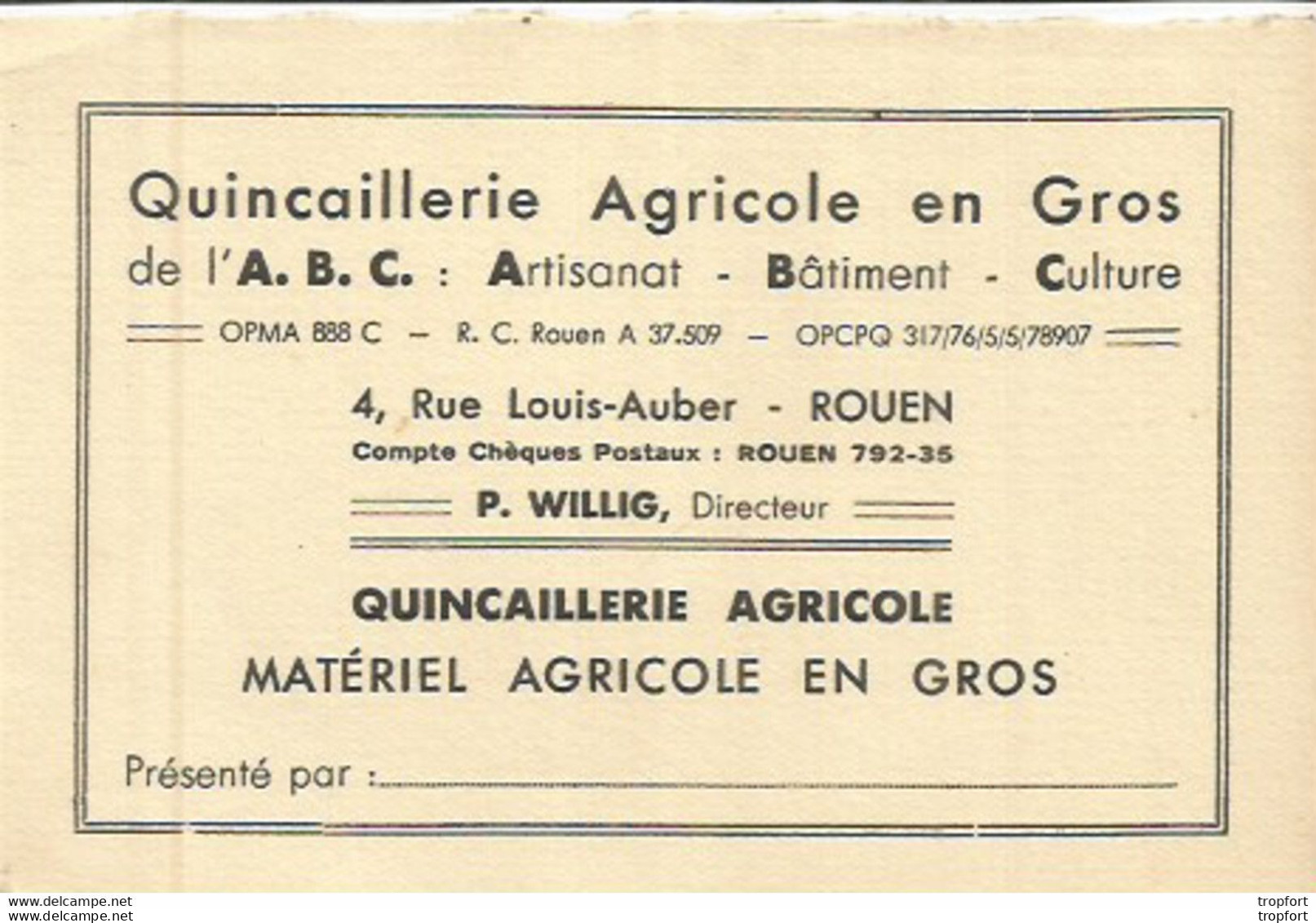 AS / Ancienne Carte De Visite PUBLICITAIRE PUB CDV Quincaillerie AGRICOLE En GROS ROUEN WILLIG - Visitenkarten