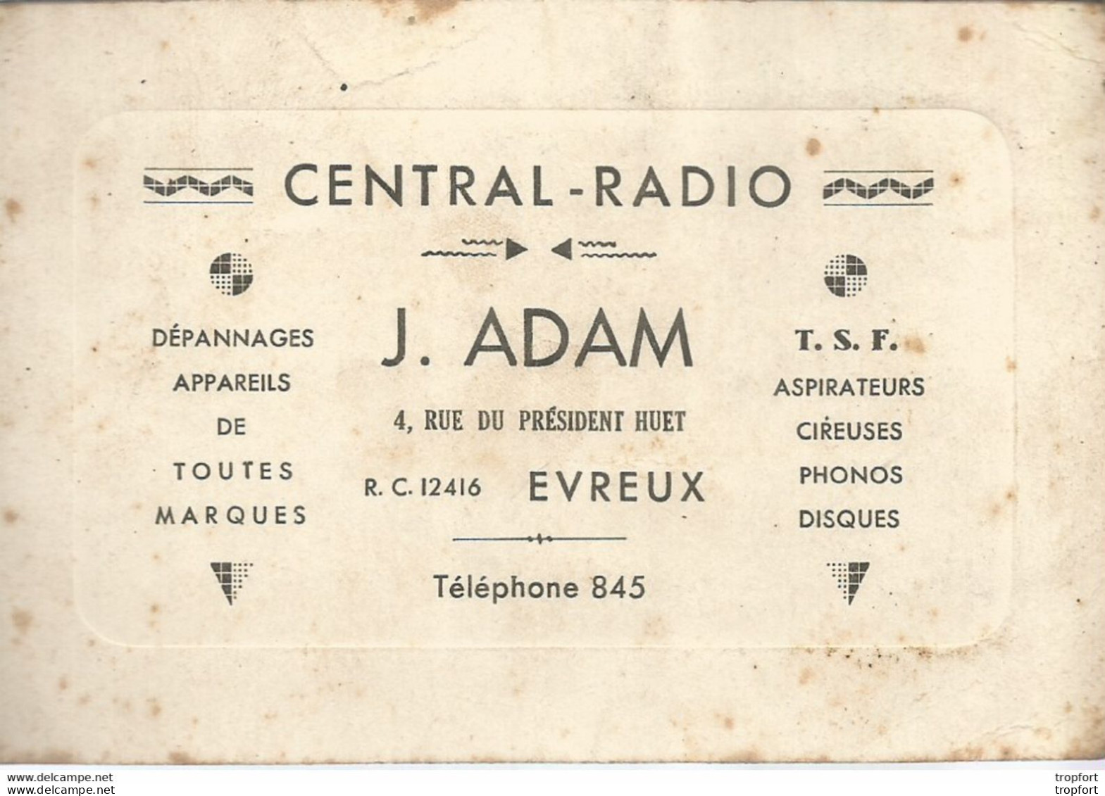 AS / Ancienne CARTE DE VISITE Publicitaire PUB CDV CETRAL RADIO J.ADAM EVREUX - Cartes De Visite