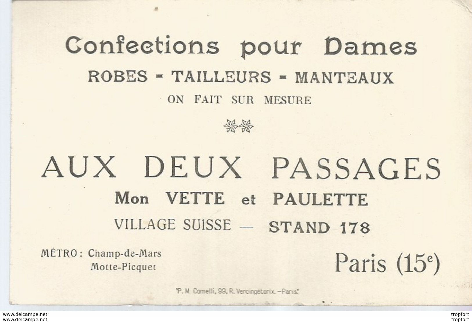AS / Ancienne Carte De VISITE Publicitaire PUB Aux DEUX PASSAGES PARIS Village Suisse CONFECTION MODE DAMES - Visitenkarten