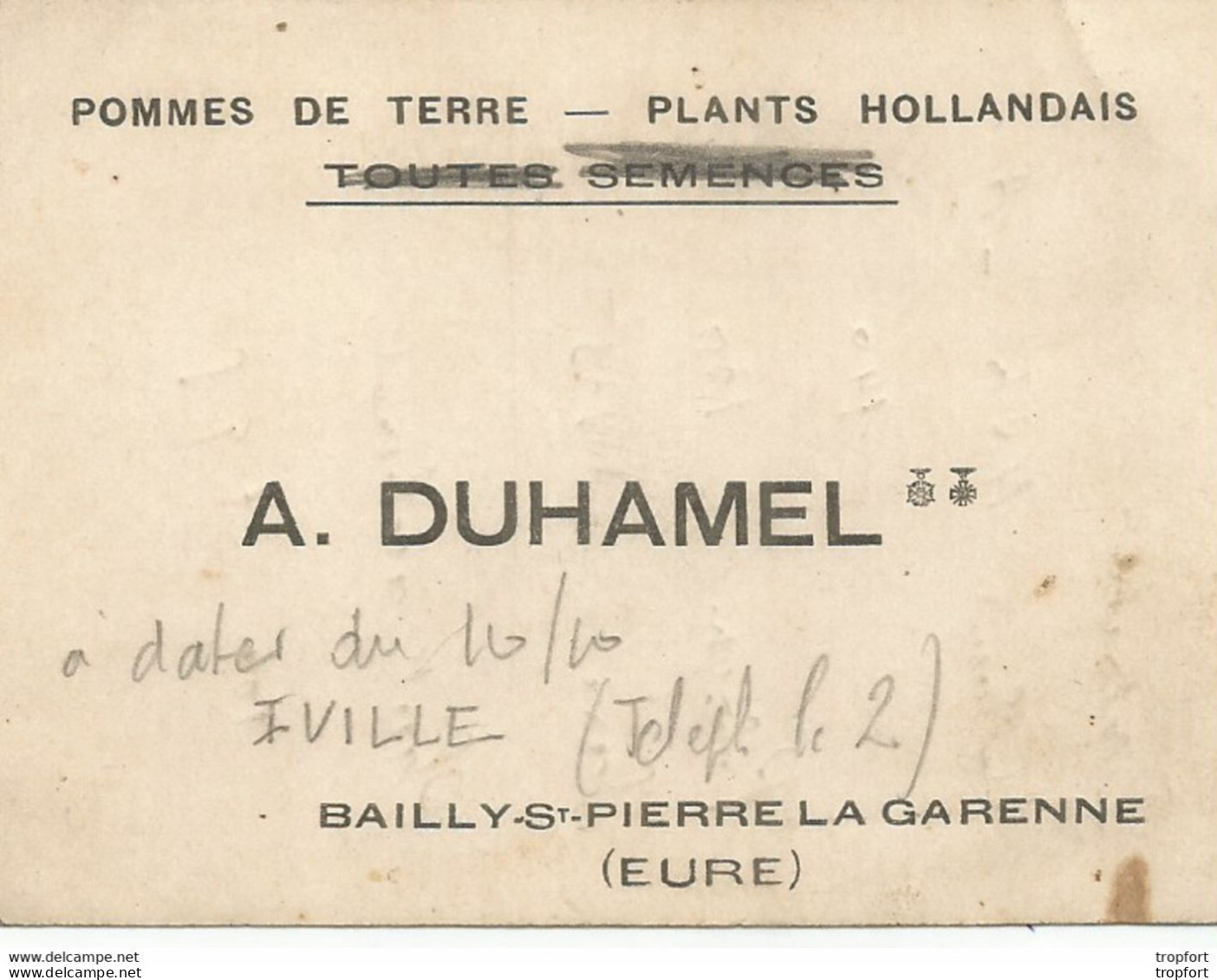AS / Ancienne Carte De Visite PUBLICITAIRE PUB Duhamel BAILLY-ST-PIERRE LA GAARENNE Pommes De Terre Plants Hollandais - Cartes De Visite