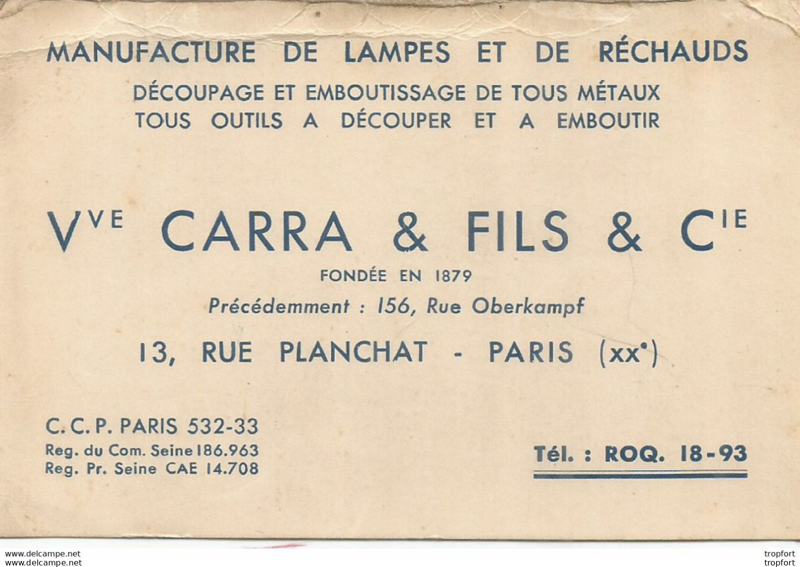AS / Ancienne Carte De Visite PUBLICITAIRE PUB Manufacture De LAMPE RECHAUD CARRA PARIS - Visitenkarten