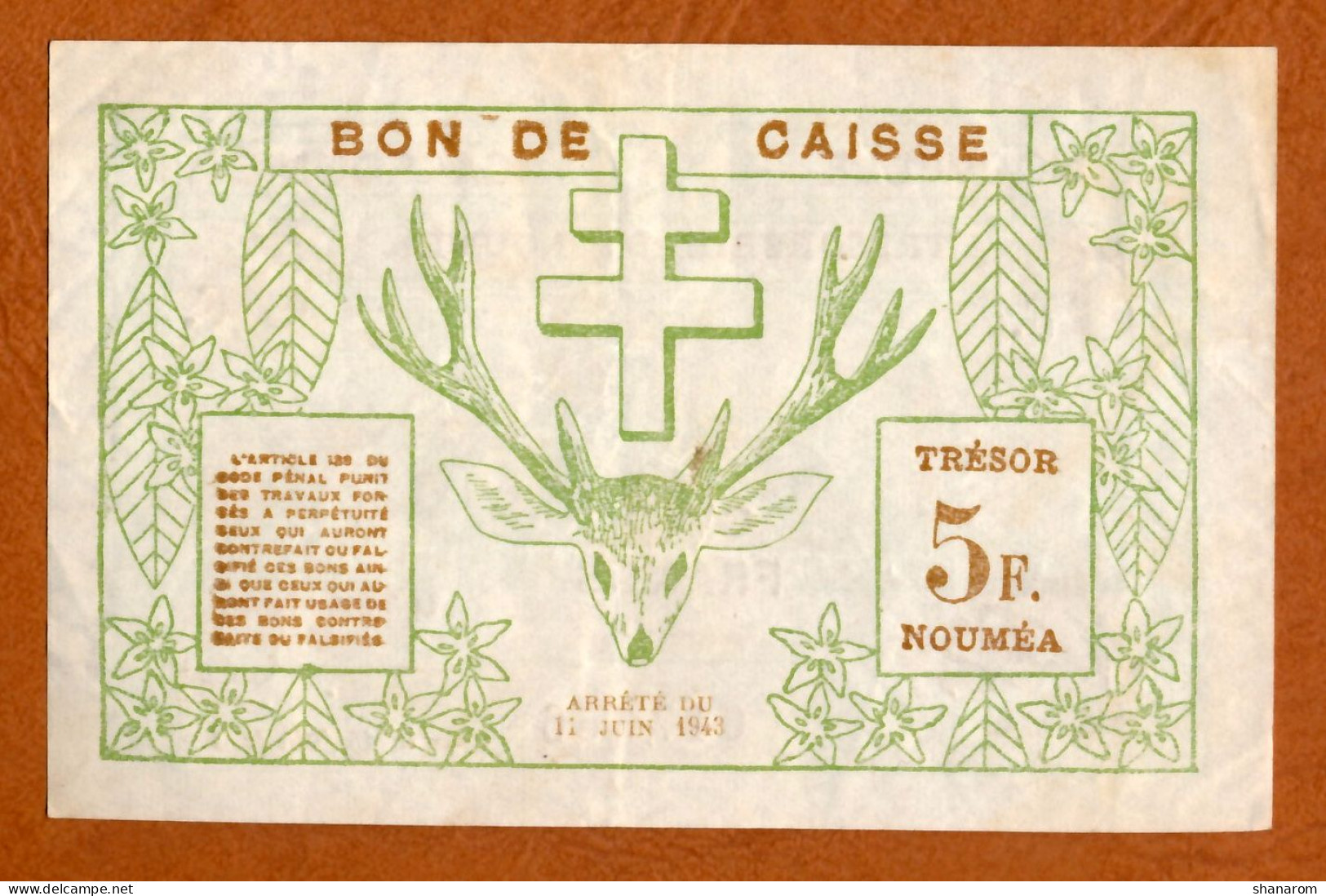 1943 // NOUVELLE CALEDONIE // TRESORERIE DE NOUMEA // Juin 1943 // Cinq Francs // XF / SUP - Nouméa (Neukaledonien 1873-1985)