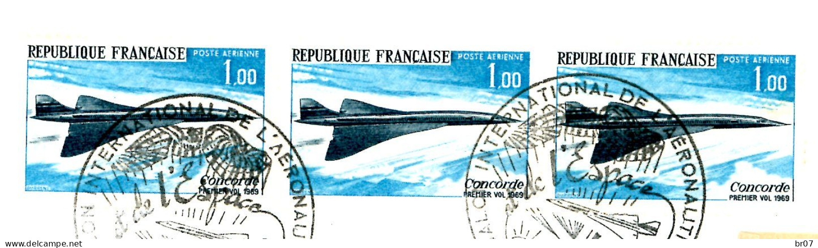 POSTE AERIENNE N°43 BANDE 3 SUR LR 08/06/1969 SALON INTERNATIONAL AERONAUTIQUE ET ESPACE SCANS - 1961-....