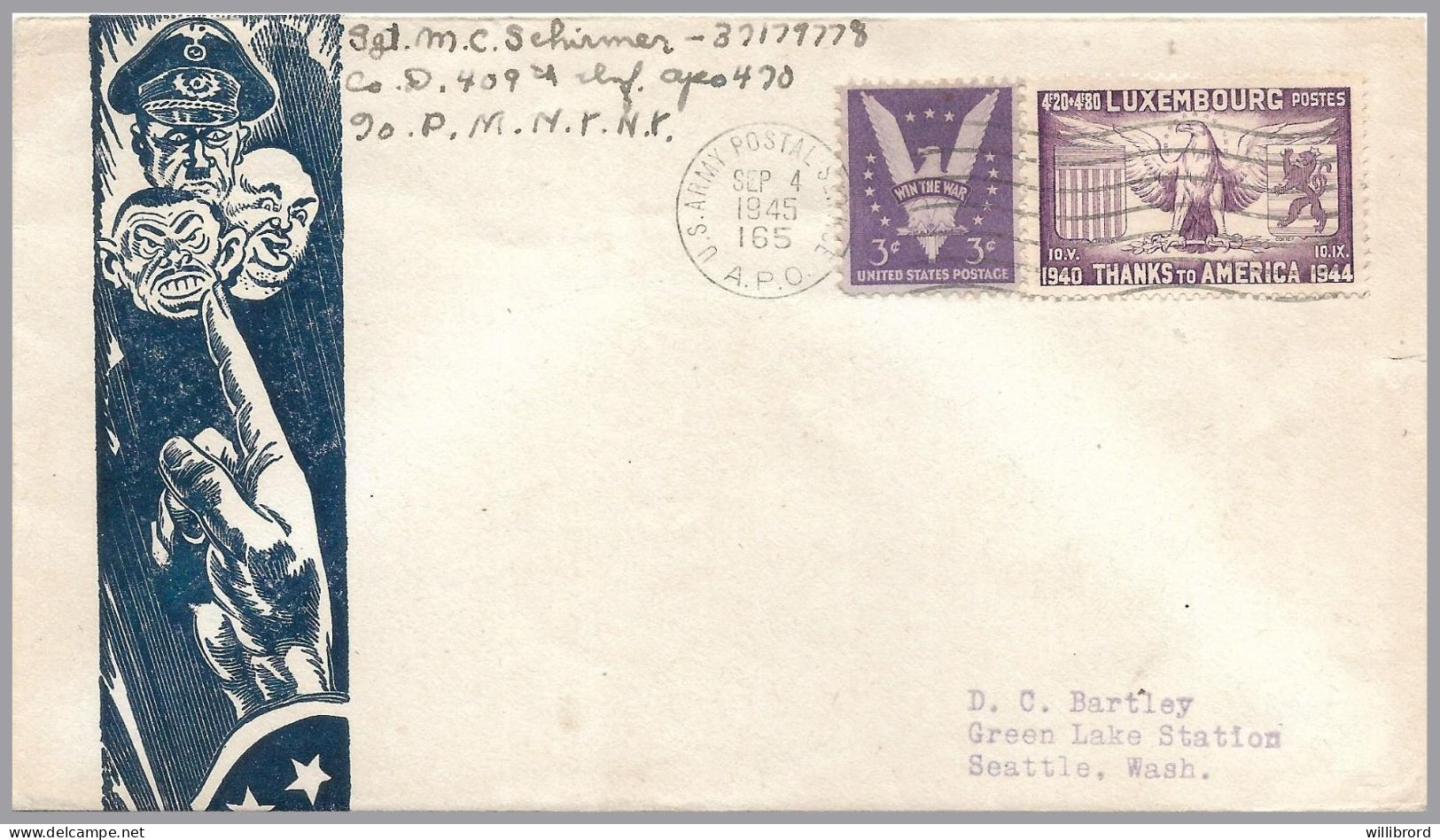 LUXEMBOURG - USA 1945 - US APO 165 [St. Villary En Caux, France] - 4.20F+4.80F Thanks To America With 3c US Victory - Storia Postale