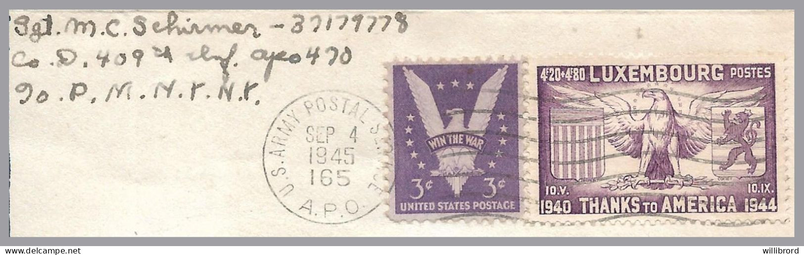 LUXEMBOURG - USA 1945 - US APO 165 [St. Villary En Caux, France] - 4.20F+4.80F Thanks To America With 3c US Victory - Covers & Documents