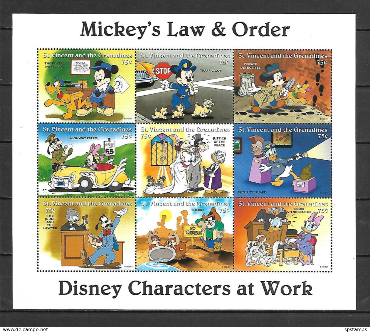 Disney St Vincent Gr 1996 Mickey's Law & Order Sheetlet (WITHOUT LABEL) MNH - Disney