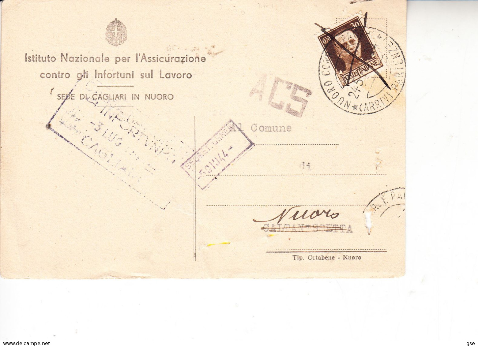 ITALIA 1944 - Cartolina "Istituto Nazionale Assicurazione..." ACS" Da Nuoro A Caltanissetta E Rispedita - Storia Postale